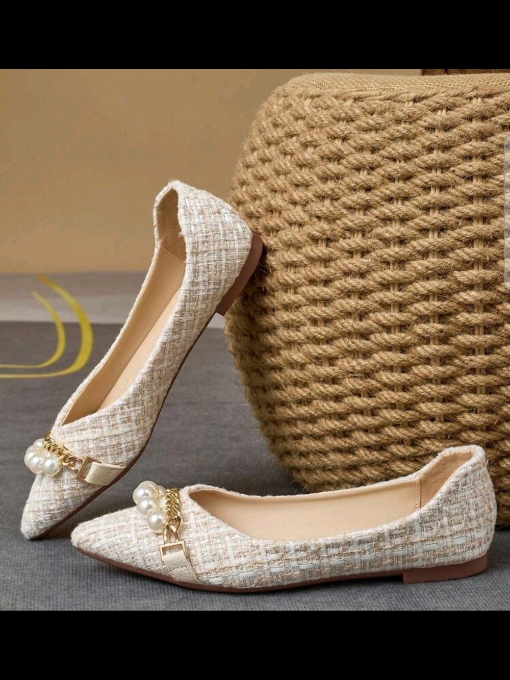 Cream Tweed Pointed Toe Flats with Pearl & Chain Accent